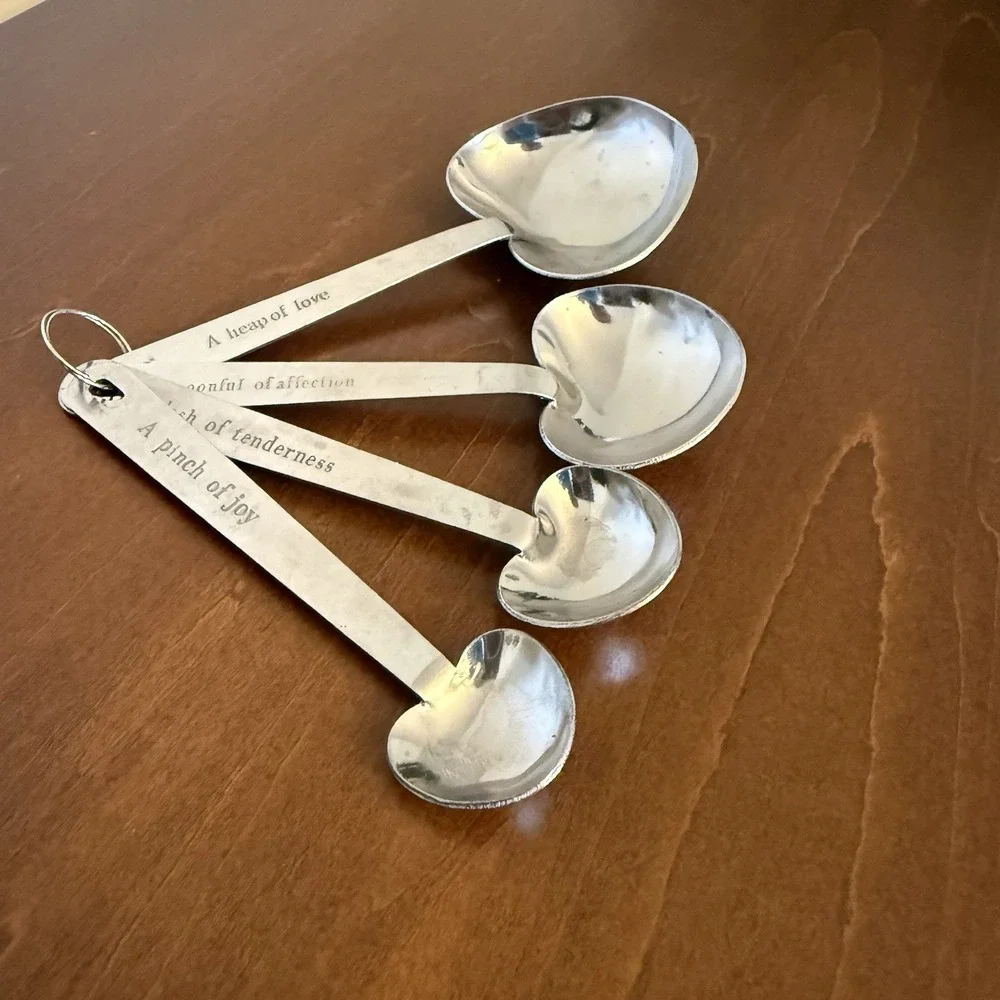 Set of 4 Stainless Steel Heart Shaped Measuring Spoons with Phrases